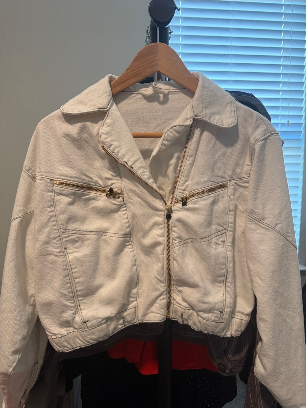 We The Free Cream Cropped Zip-Front Jean Jacket with Gold Hardware